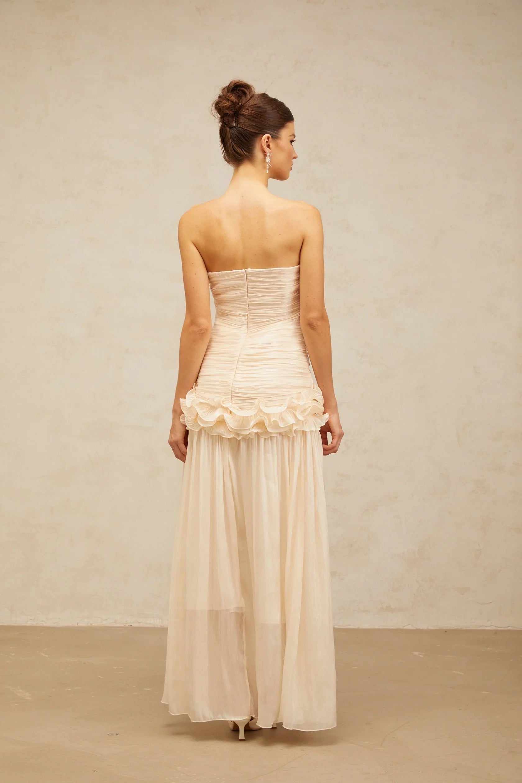 Cream-Strapless-Ruched-Maxi-Dress-with-Ruffle-Detail neutrals ruffled pleated maxi dress