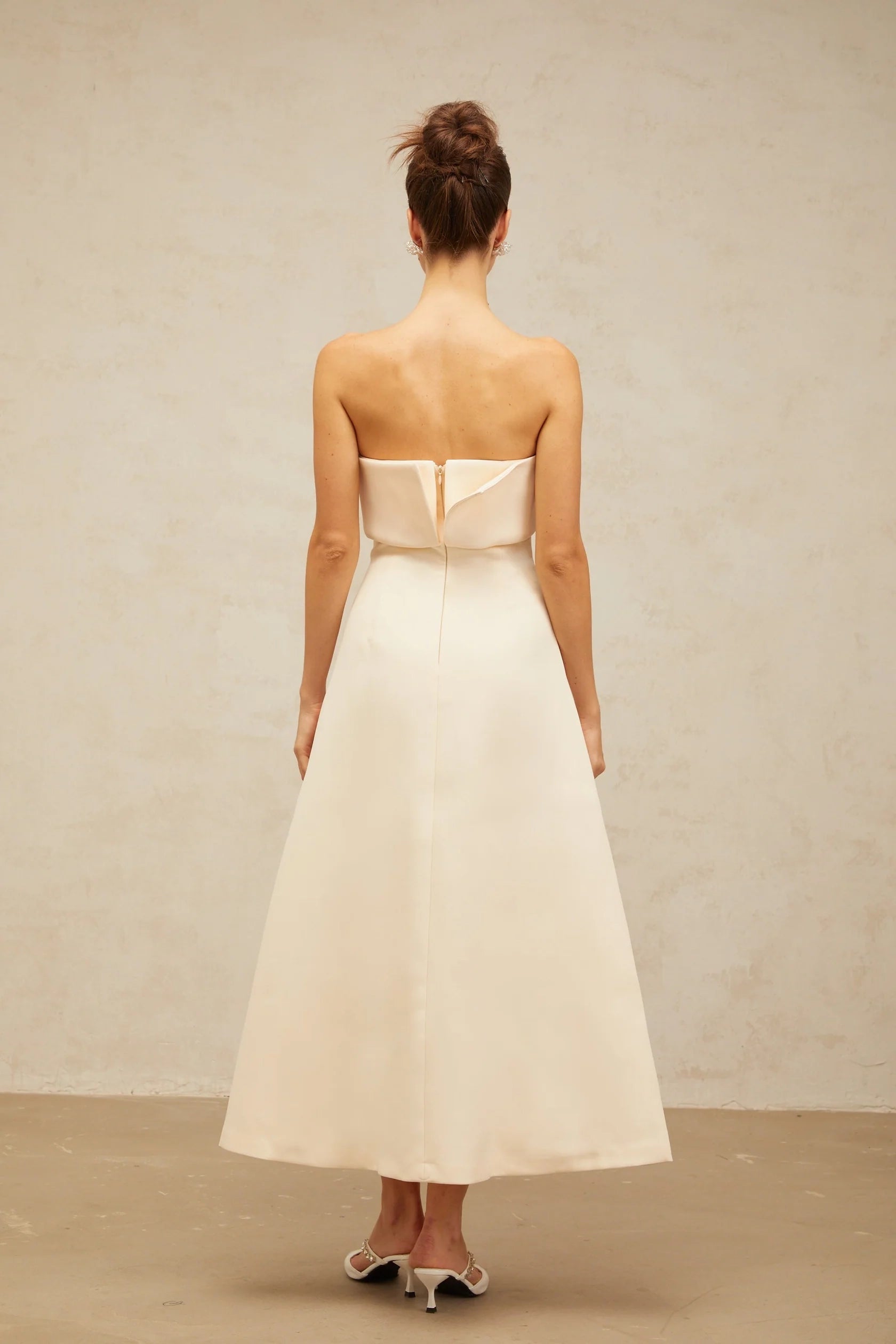 Cream Strapless Structured Midi Dress white folded corset midi dress Evening Dress