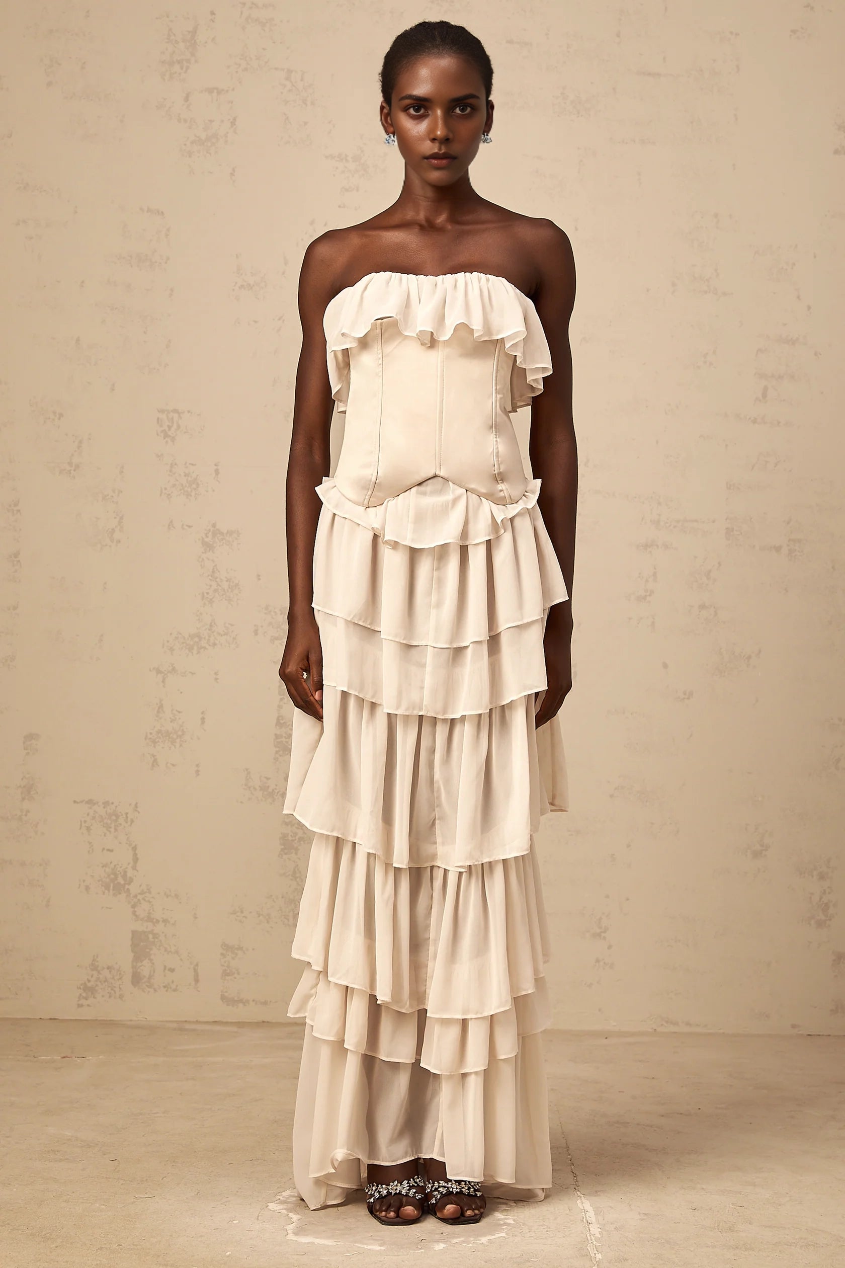 Cream Strapless Tiered Ruffle Evening Gown beige off-shoulder tiered corset & dress matching Evening Dress