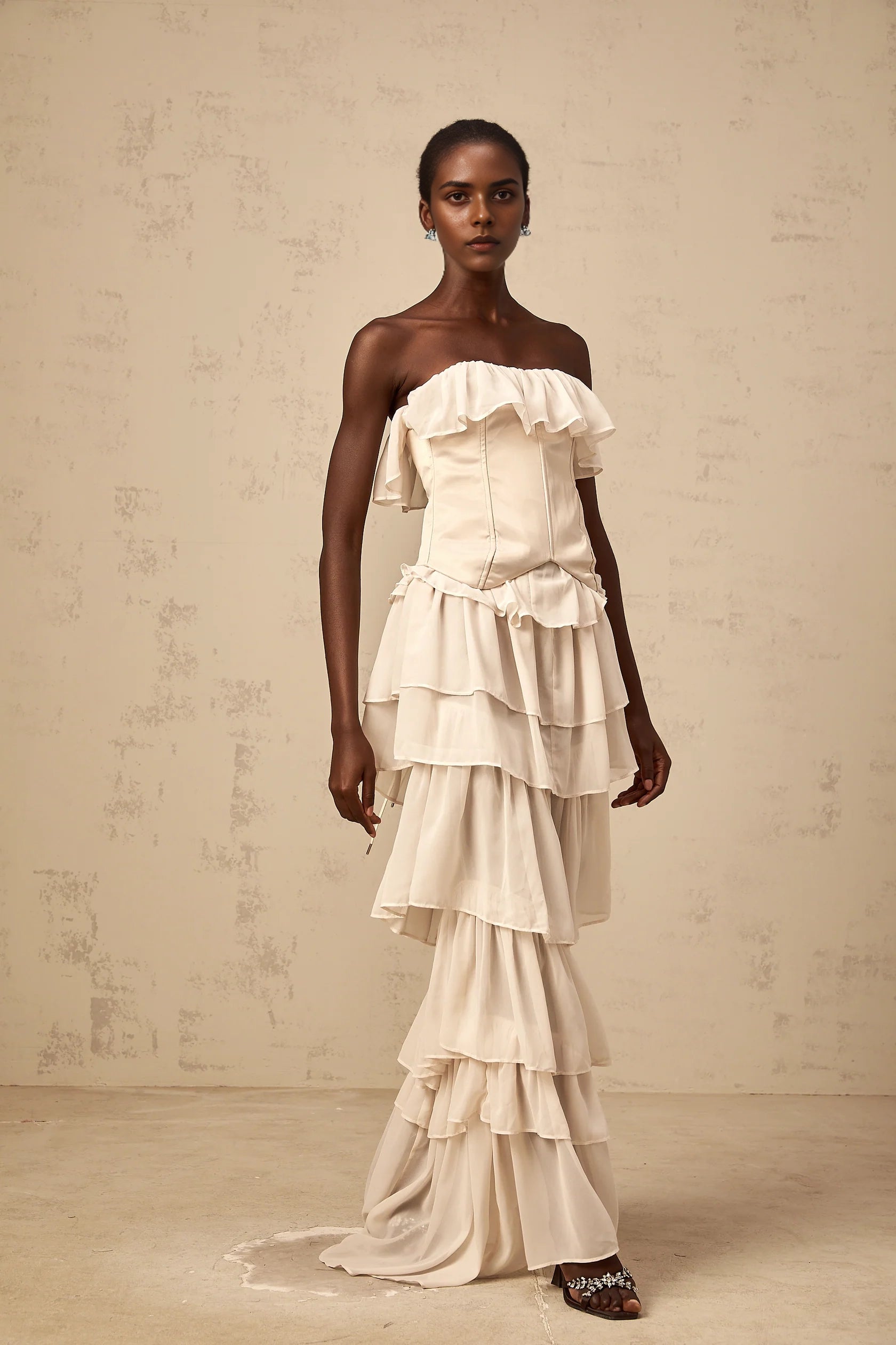 Cream Strapless Tiered Ruffle Evening Gown beige off-shoulder tiered corset & dress matching Evening Dress