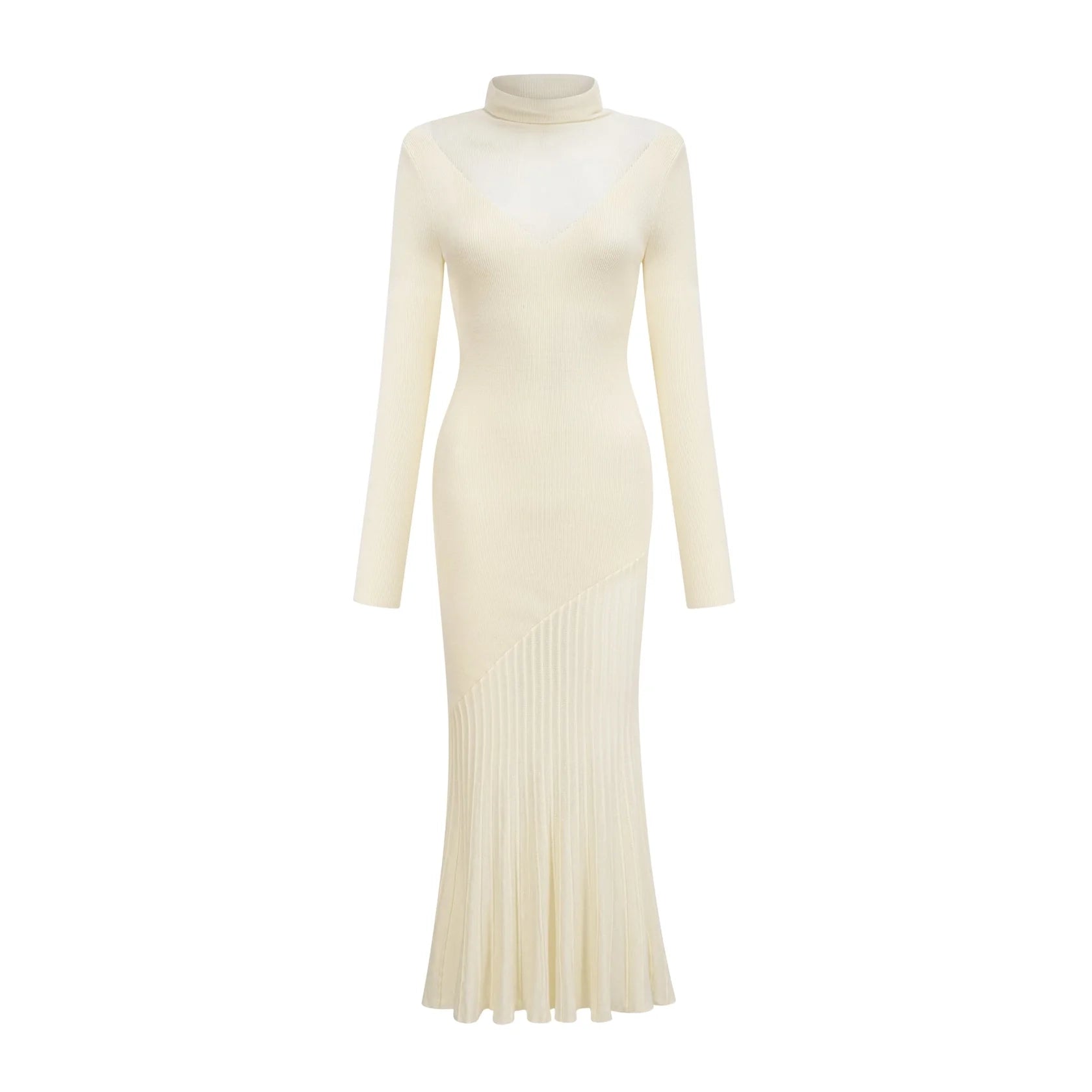 Cream Turtleneck Knit Midi Dress with Pleated Skirt white knitted pleated midi dress Evening Dress