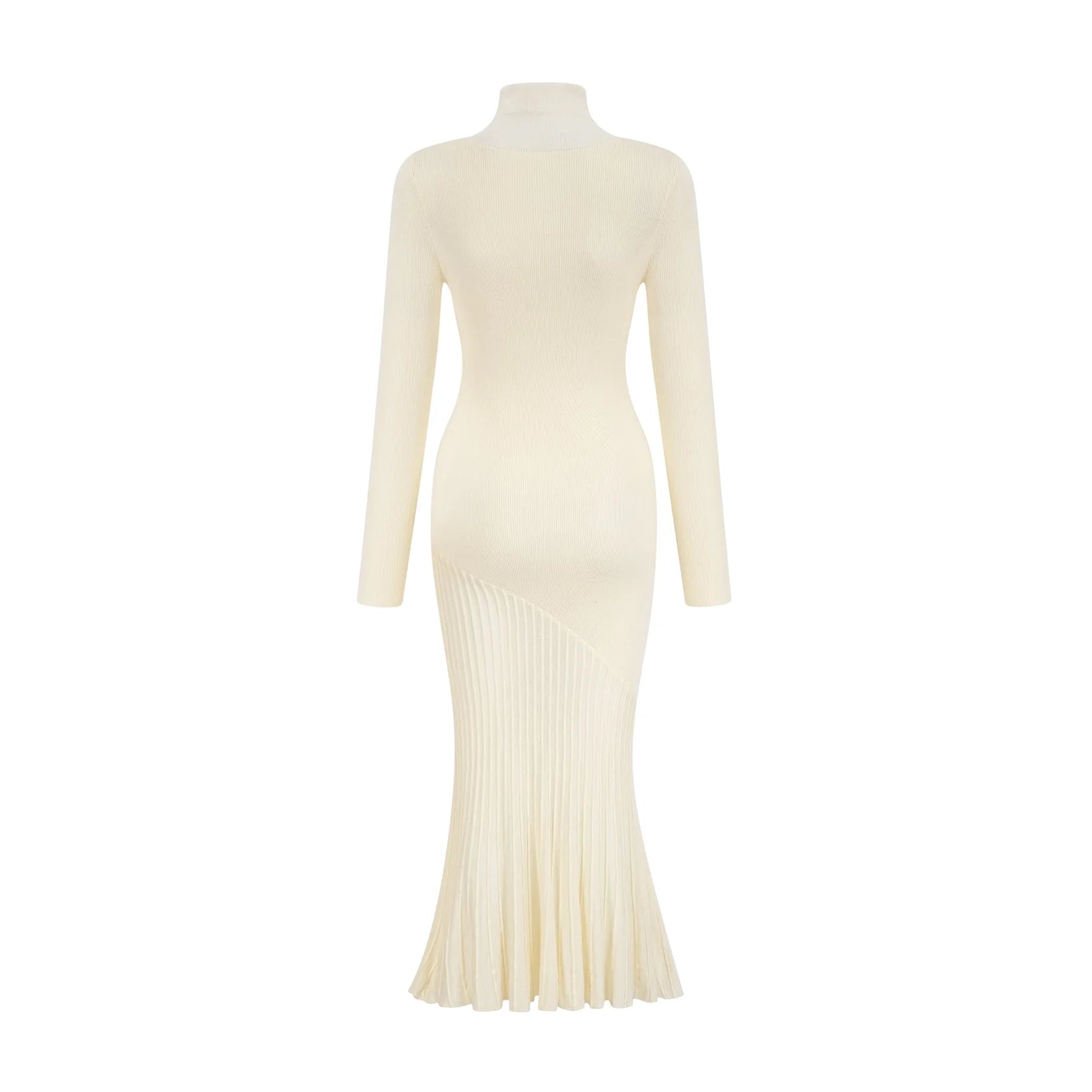 Cream Turtleneck Knit Midi Dress with Pleated Skirt white knitted pleated midi dress Evening Dress