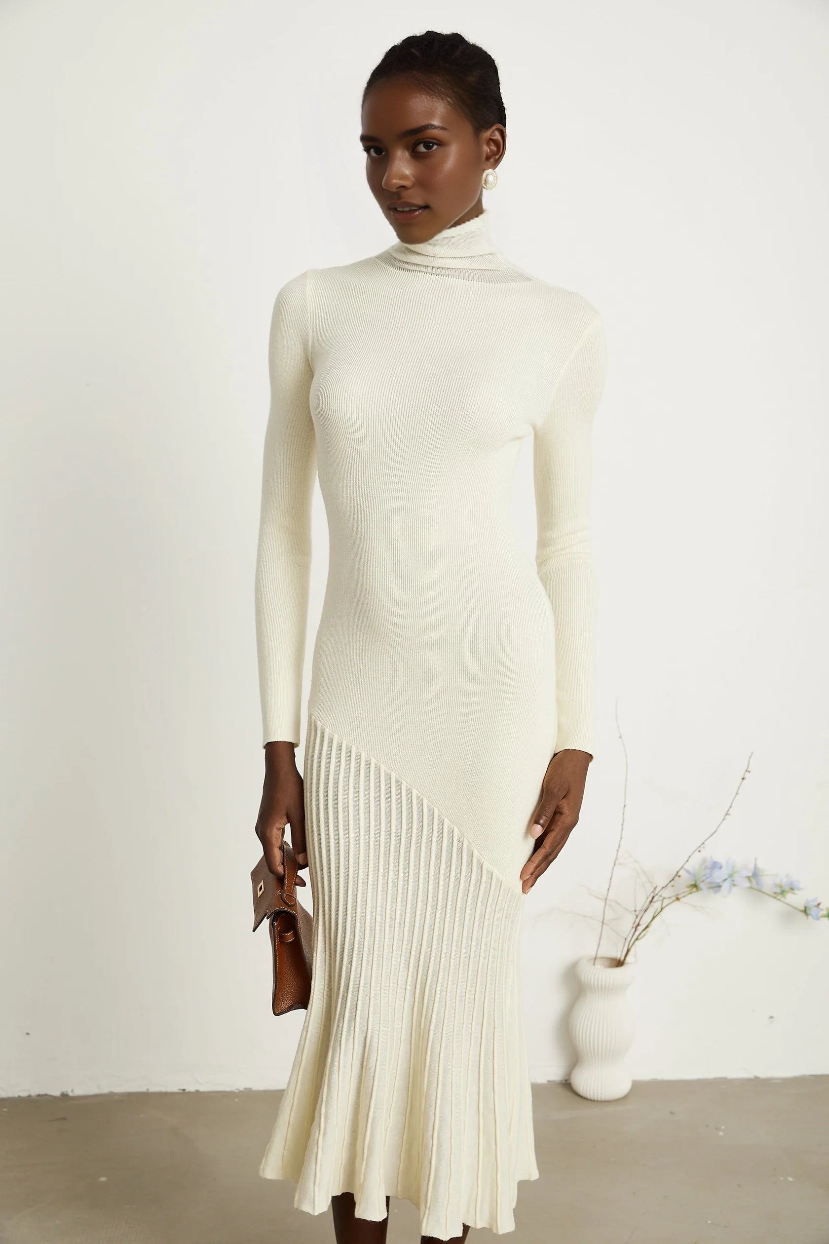 Cream Turtleneck Knit Midi Dress with Pleated Skirt white knitted pleated midi dress Evening Dress