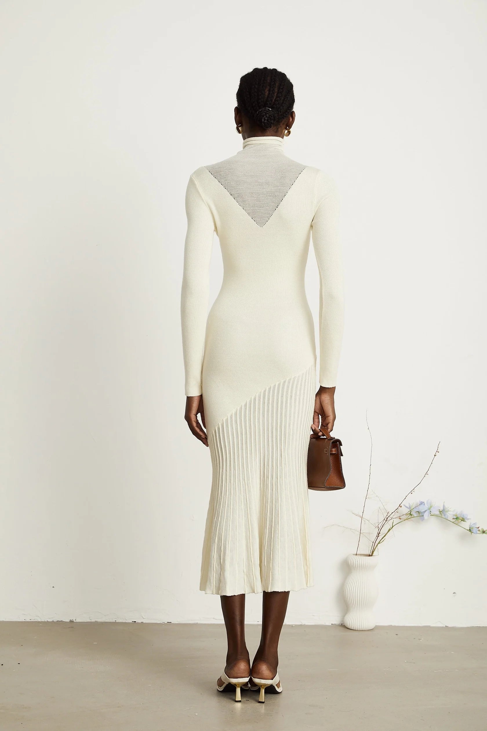 Cream Turtleneck Knit Midi Dress with Pleated Skirt white knitted pleated midi dress Evening Dress