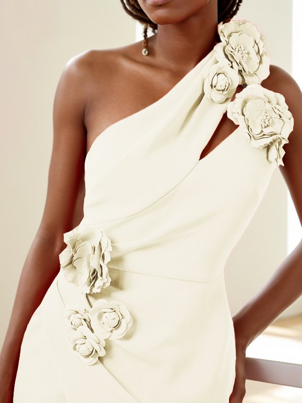 Cream White 3D Floral One-Shoulder Sheath Midi Dress simple gentle atmospheric and unique desi Bring summer colors to enhance whiteness ﻿