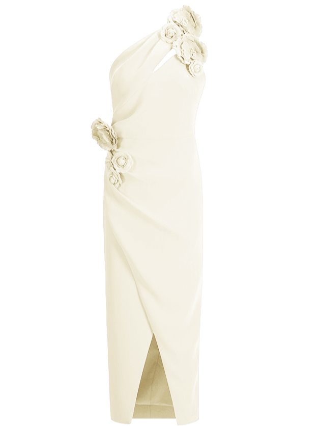 Cream White 3D Floral One-Shoulder Sheath Midi Dress simple gentle atmospheric and unique desi Bring summer colors to enhance whiteness ﻿