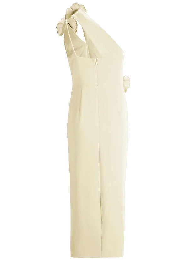 Cream White 3D Floral One-Shoulder Sheath Midi Dress simple gentle atmospheric and unique desi Bring summer colors to enhance whiteness ﻿