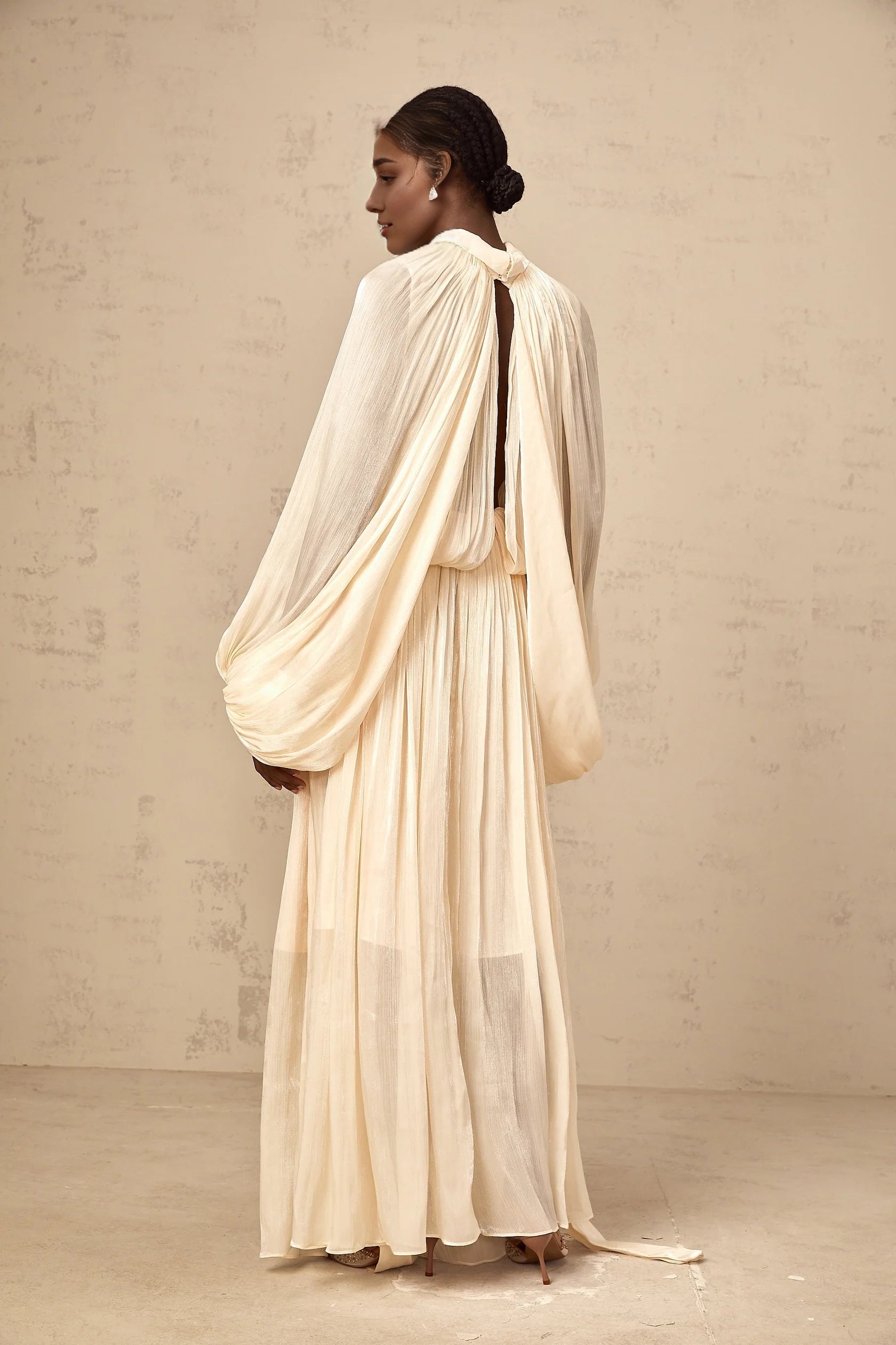 Creamy White Tie - Neck Cape - Sleeve Maxi Dress Mila pleated satin maxi dress in Neutrals Evening Dress