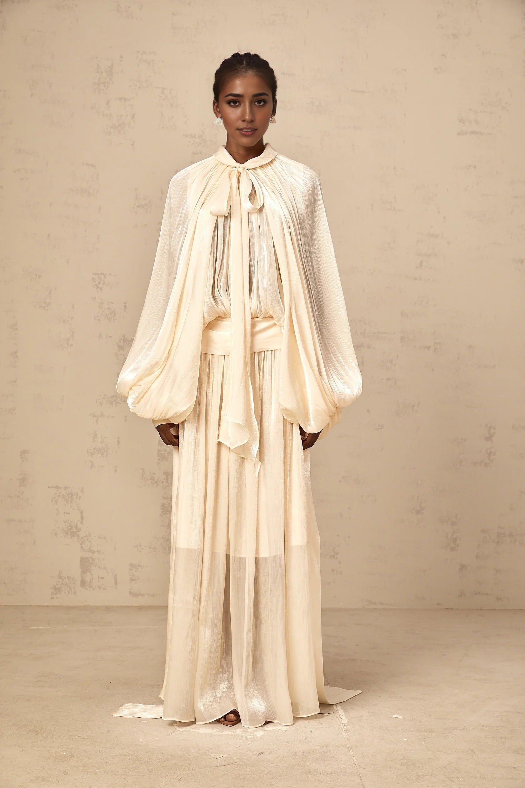 Creamy White Tie - Neck Cape - Sleeve Maxi Dress Mila pleated satin maxi dress in Neutrals Evening Dress