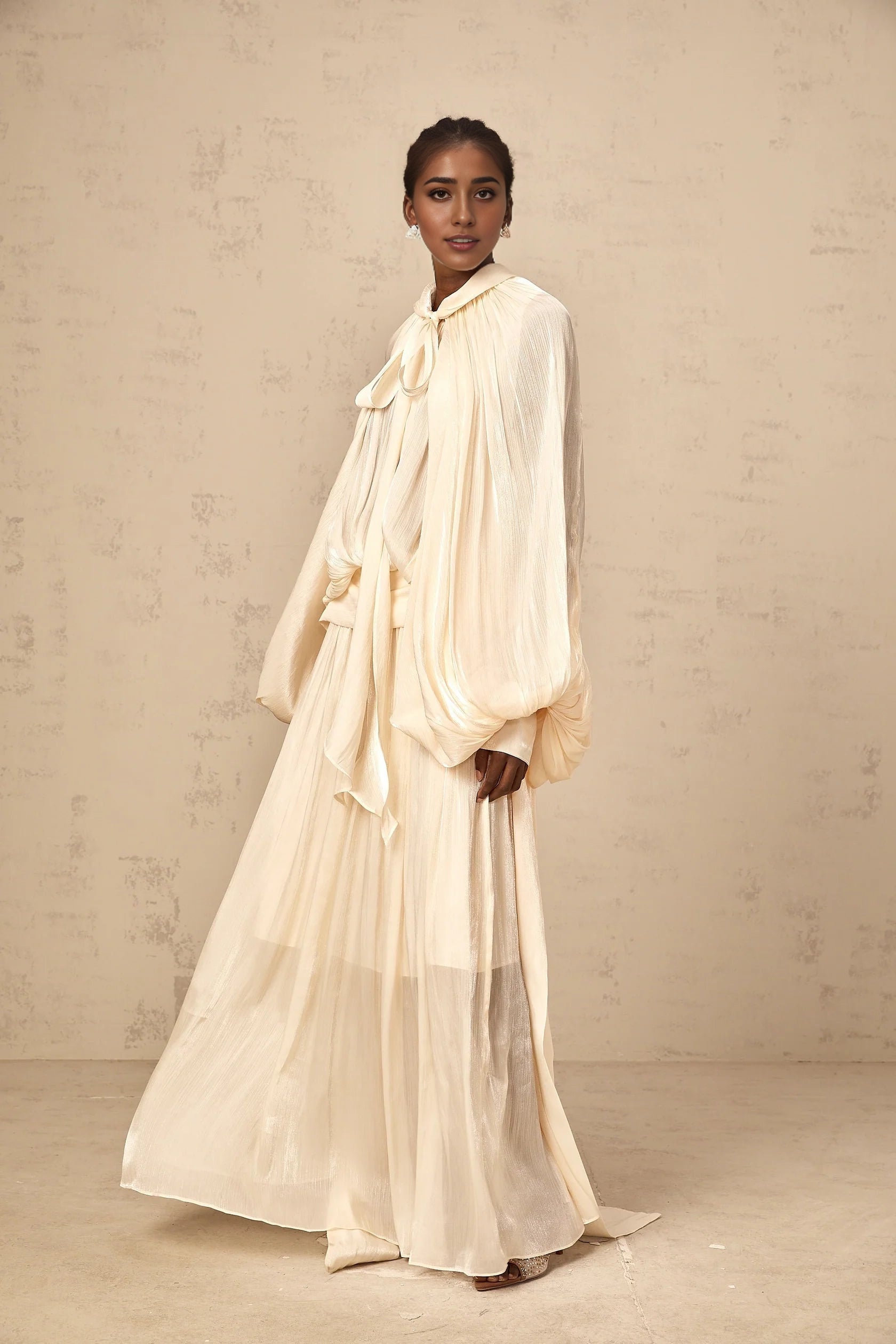 Creamy White Tie - Neck Cape - Sleeve Maxi Dress Mila pleated satin maxi dress in Neutrals Evening Dress