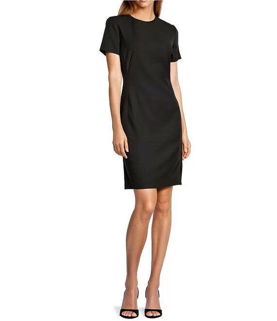 Crissy Short Sleeve Crew Neck Stretch Woven Wool Blend Sheath Dress simple gentle atmospheric and unique desi Bring summer colors to enhance whiteness