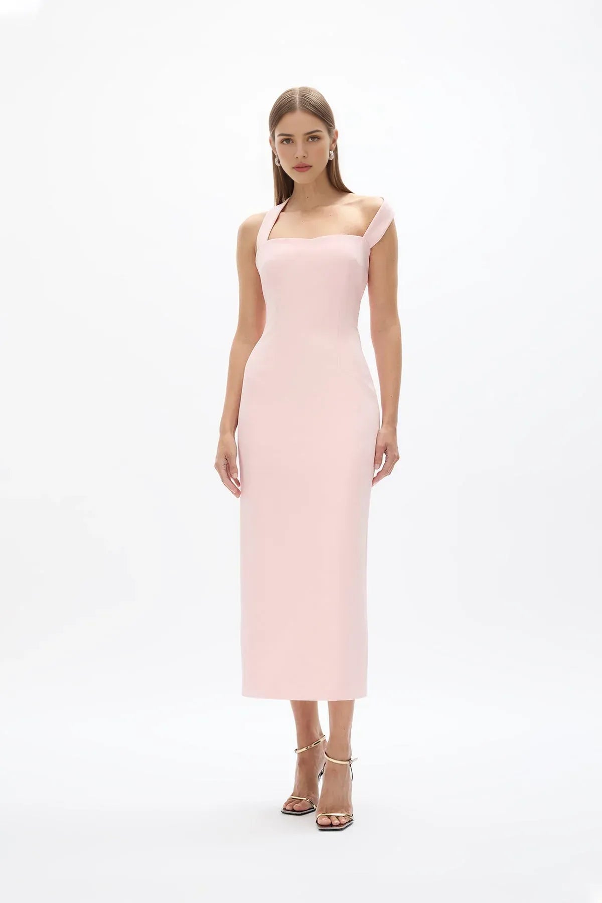 Cross Strap Sheath Square Neck Sleeveless Zipper Back High Slit Midi Length Female Prom Dress ﻿