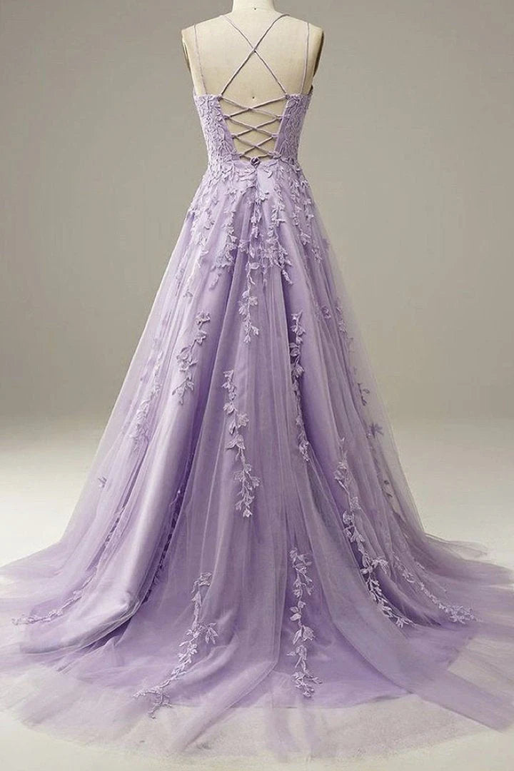 Custom Made Lace Lilac Prom Dresses Long Evening Dress Spaghetti Straps Formal Gown with Train simple gentle atmospheric and unique desi Bring summer colors to enhance whitenes