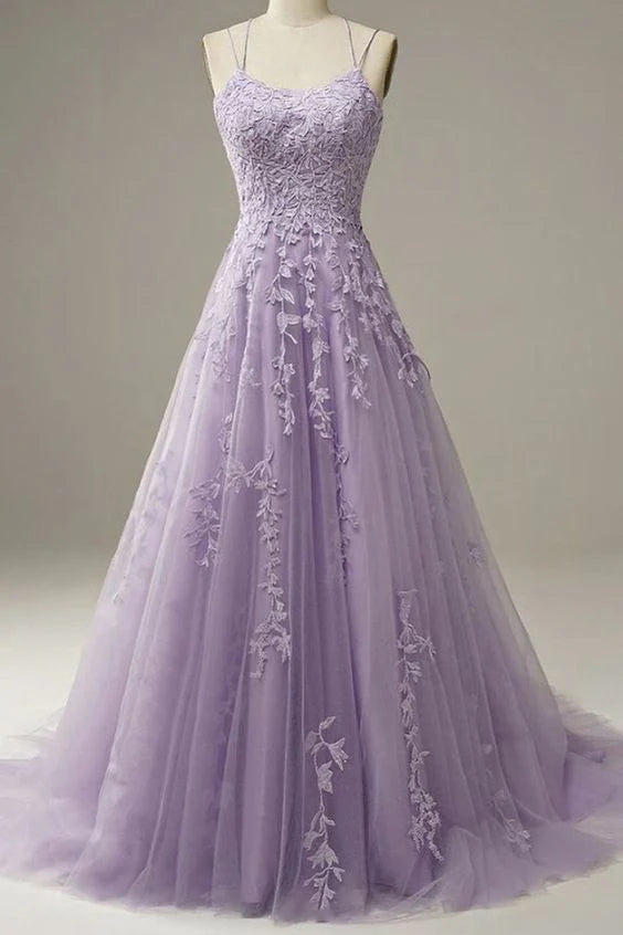 Custom Made Lace Lilac Prom Dresses Long Evening Dress Spaghetti Straps Formal Gown with Train simple gentle atmospheric and unique desi Bring summer colors to enhance whitenes