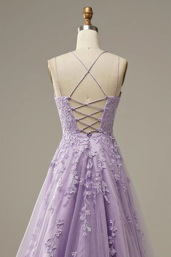 Custom Made Lace Lilac Prom Dresses Long Evening Dress Spaghetti Straps Formal Gown with Train simple gentle atmospheric and unique desi Bring summer colors to enhance whitenes