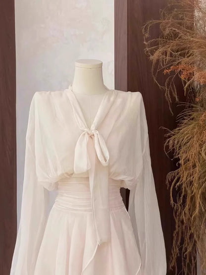 Cute 2 Pieces Long Sleeves Camisole Ivory Women's Short Vacation Dresses simple gentle atmospheric and unique desi Bring summer colors to enhance whiteness