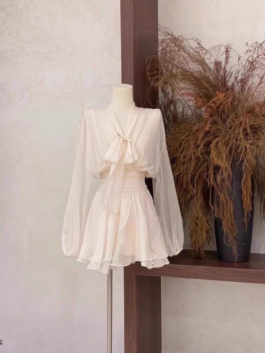 Cute 2 Pieces Long Sleeves Camisole Ivory Women's Short Vacation Dresses simple gentle atmospheric and unique desi Bring summer colors to enhance whiteness