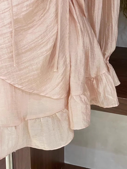 Cute 2 Pieces Ruffled Long Sleeves Pink Women's Short Vacation Dresses simple gentle atmospheric and unique desi Bring summer colors to enhance whiteness
