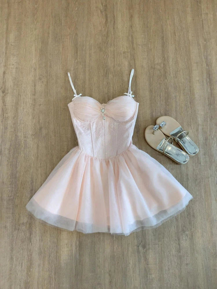 Cute A Line Spaghetti Straps Pink Tulle Formal 8th Grade Homecoming Dresses Middle School Short Birthday Gowns Graduation Dress Hoco Outfits simple gentle atmospheric and unique desi Bring summer colors to enhance whiteness