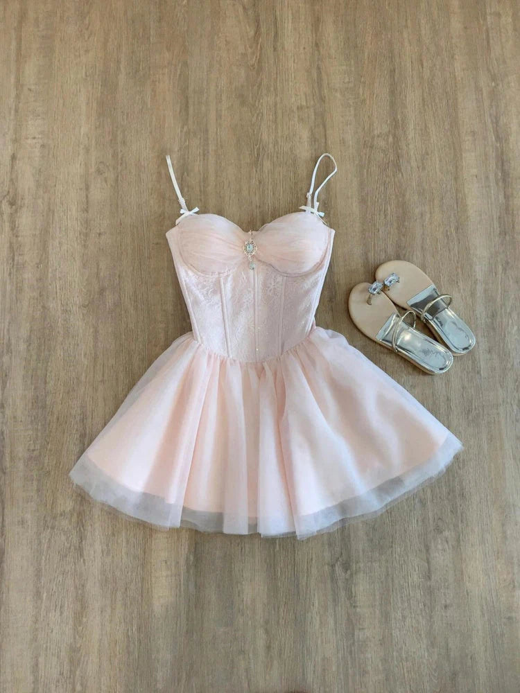 Cute A Line Spaghetti Straps Pink Tulle Formal 8th Grade Homecoming Dresses Middle School Short Birthday Gowns Graduation Dress Hoco Outfits simple gentle atmospheric and unique desi Bring summer colors to enhance whiteness