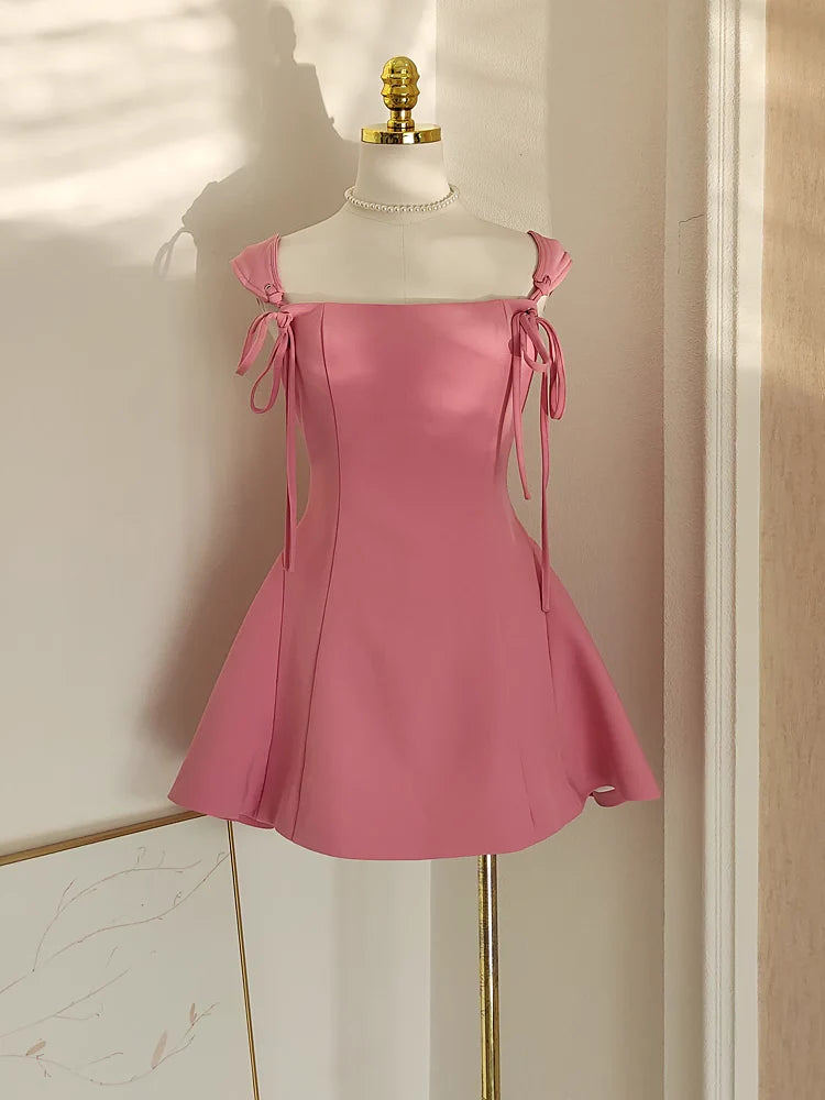 Cute A Line Straps Pink Satin Short Homecoming Dresses Birthday Outfits simple gentle atmospheric and unique desi Bring summer colors to enhance whiteness