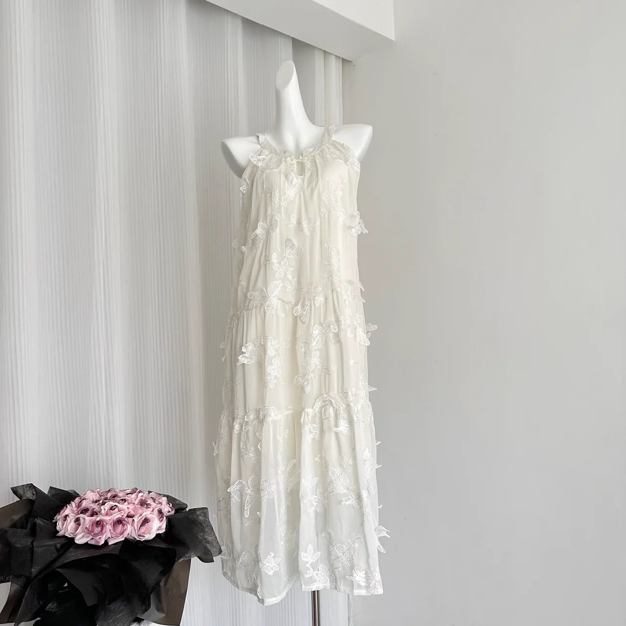Cute A line Halter Ivory Lace Dress Holiday Dresses simple gentle atmospheric and unique desi Bring summer colors to enhance whiteness