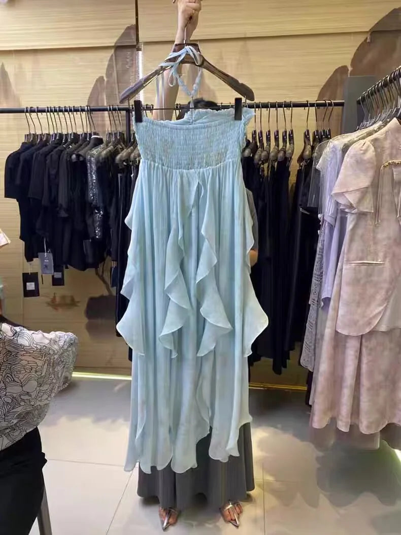 Cute A line Halter Ruffled Floral Blue Summer Holiday Dress Women's Long Vacation Dresses simple gentle atmospheric and unique desi Bring summer colors to enhance whiteness