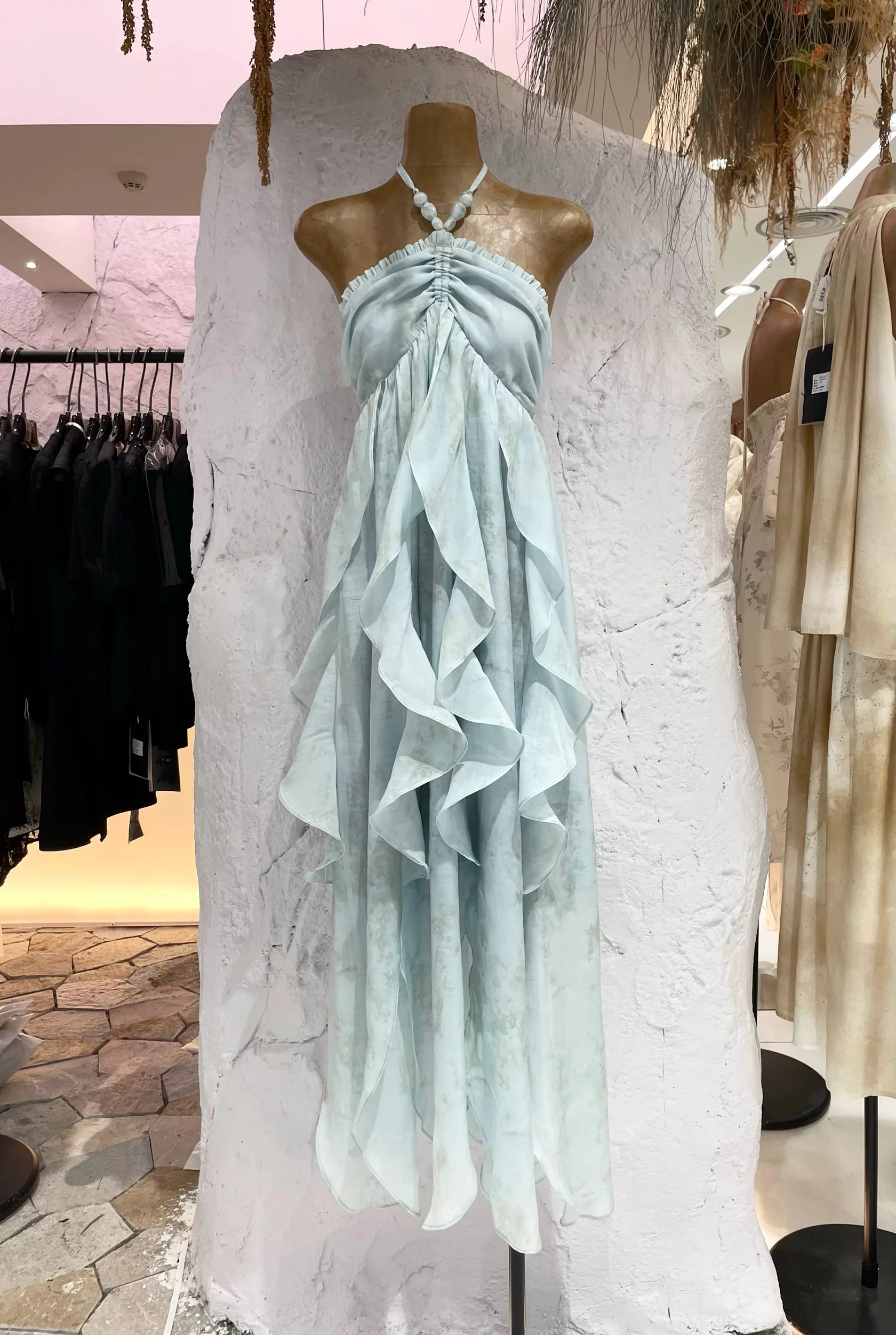 Cute A line Halter Ruffled Floral Blue Summer Holiday Dress Women's Long Vacation Dresses simple gentle atmospheric and unique desi Bring summer colors to enhance whiteness