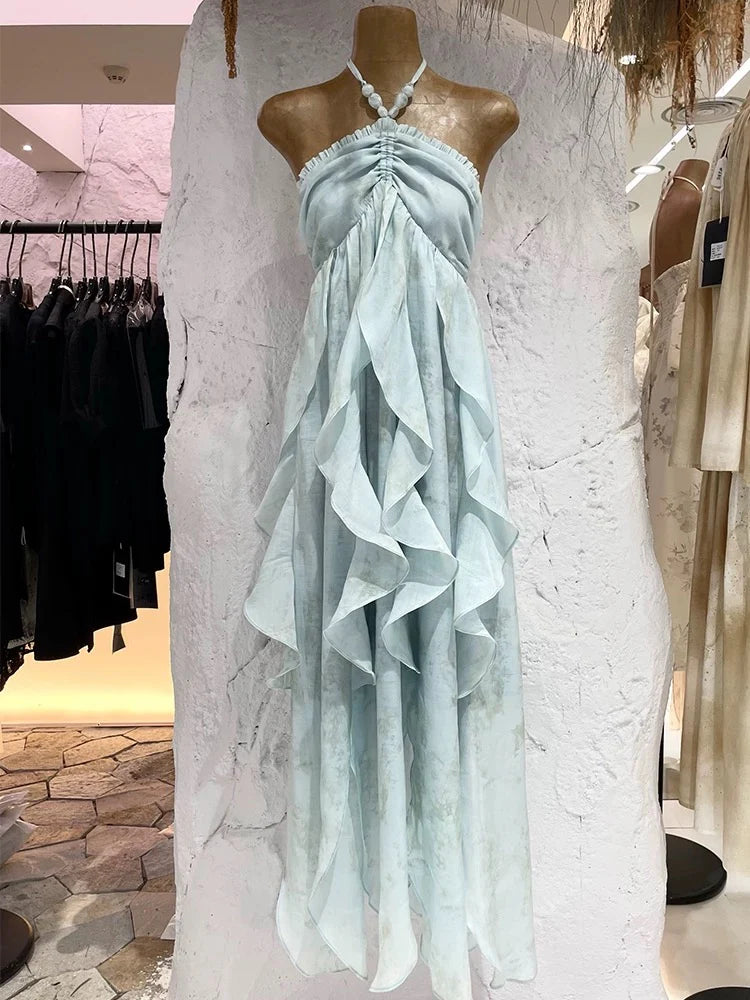 Cute A line Halter Ruffled Floral Blue Summer Holiday Dress Women's Long Vacation Dresses simple gentle atmospheric and unique desi Bring summer colors to enhance whiteness