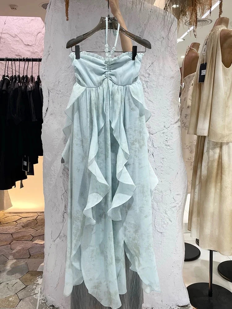 Cute A line Halter Ruffled Floral Blue Summer Holiday Dress Women's Long Vacation Dresses simple gentle atmospheric and unique desi Bring summer colors to enhance whiteness