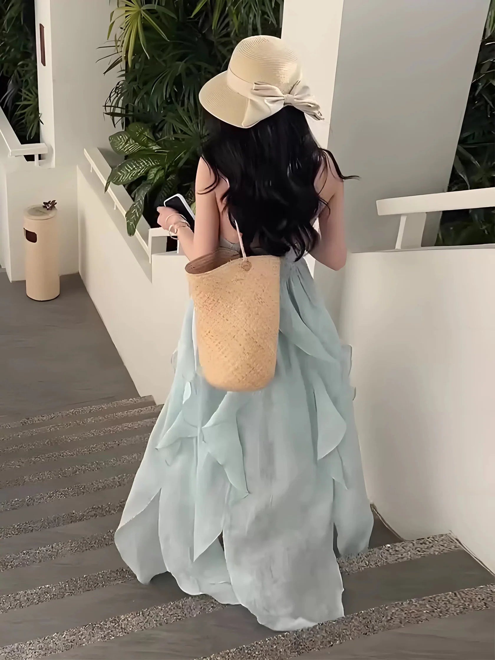 Cute A line Halter Ruffled Floral Blue Summer Holiday Dress Women's Long Vacation Dresses simple gentle atmospheric and unique desi Bring summer colors to enhance whiteness