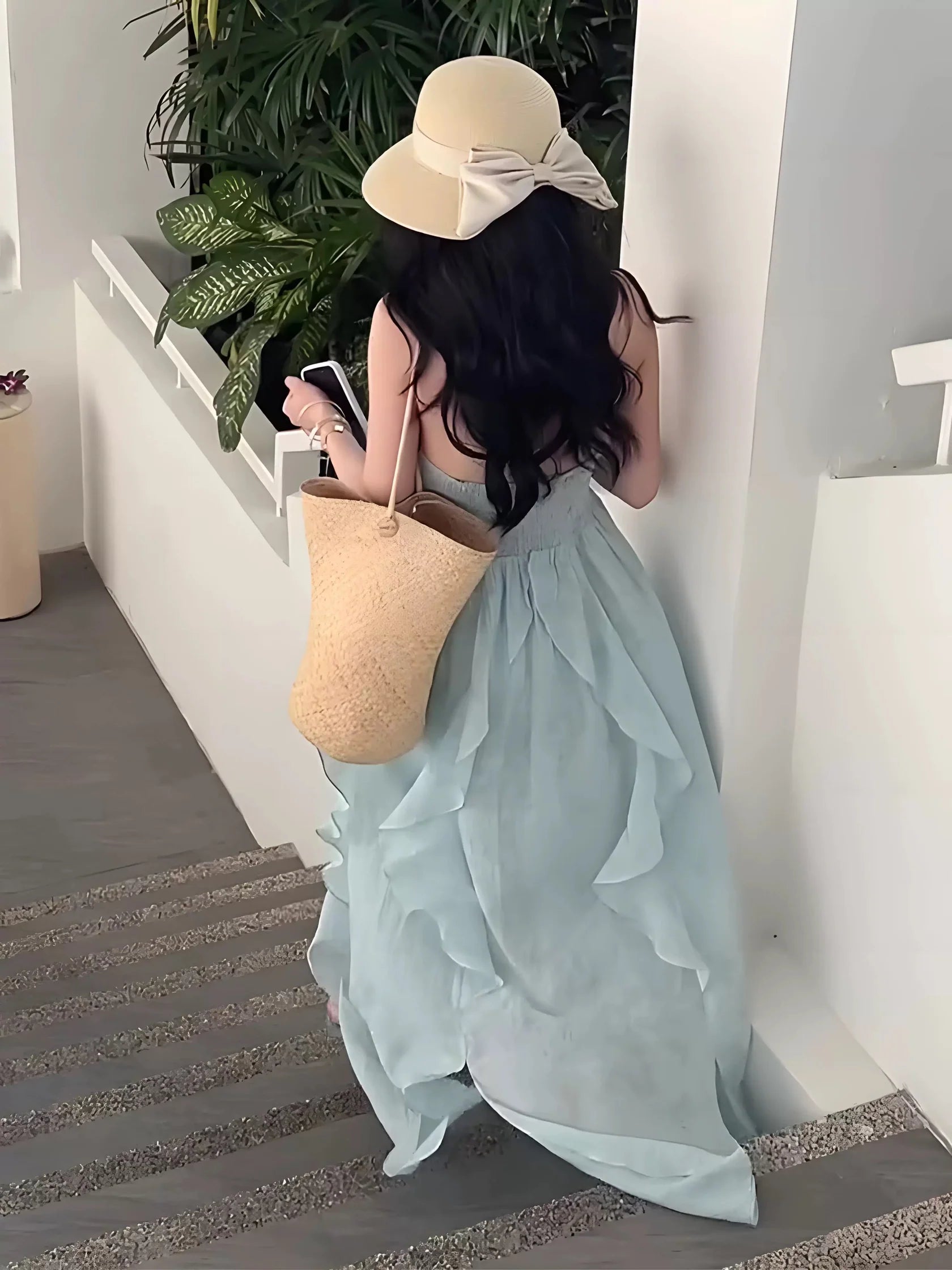 Cute A line Halter Ruffled Floral Blue Summer Holiday Dress Women's Long Vacation Dresses simple gentle atmospheric and unique desi Bring summer colors to enhance whiteness