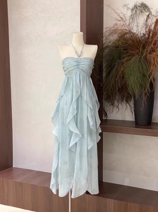 Cute A line Halter Ruffled Floral Blue Women's Long Vacation Dresses simple gentle atmospheric and unique desi Bring summer colors to enhance whiteness