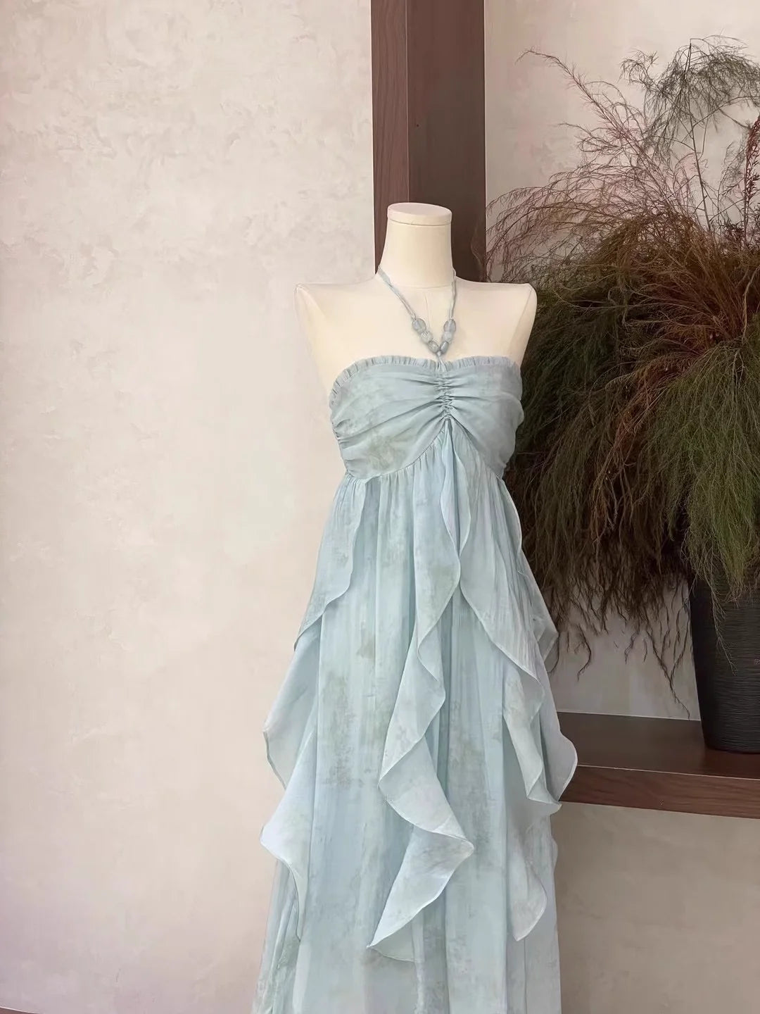 Cute A line Halter Ruffled Floral Blue Women's Long Vacation Dresses simple gentle atmospheric and unique desi Bring summer colors to enhance whiteness