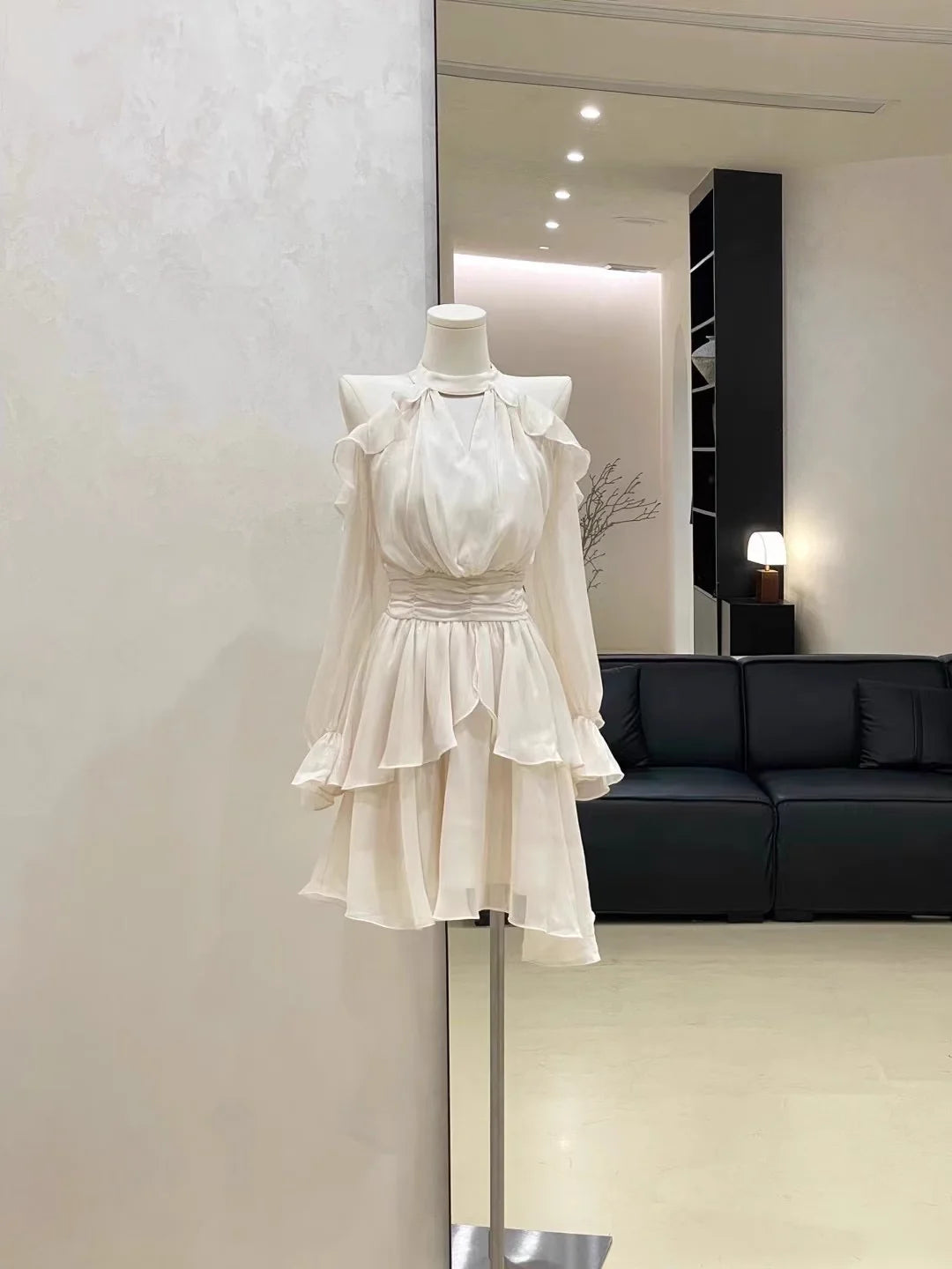 Cute A line High Neckline Ruffled Cake Dress Short Women's Long Sleeve Women Dresses  simple gentle atmospheric and unique desi Bring summer colors to enhance whiteness