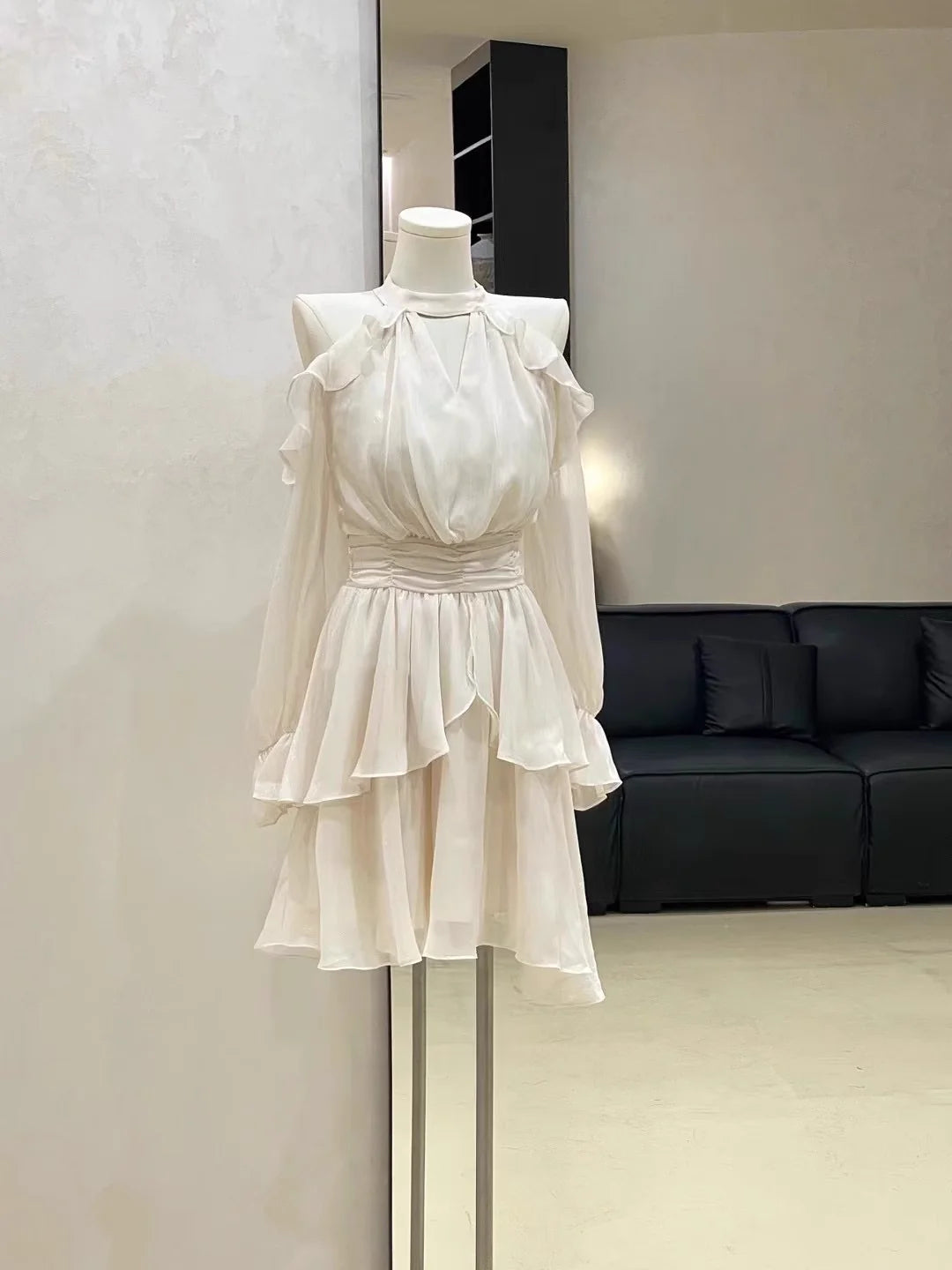 Cute A line High Neckline Ruffled Cake Dress Short Women's Long Sleeve Women Dresses  simple gentle atmospheric and unique desi Bring summer colors to enhance whiteness