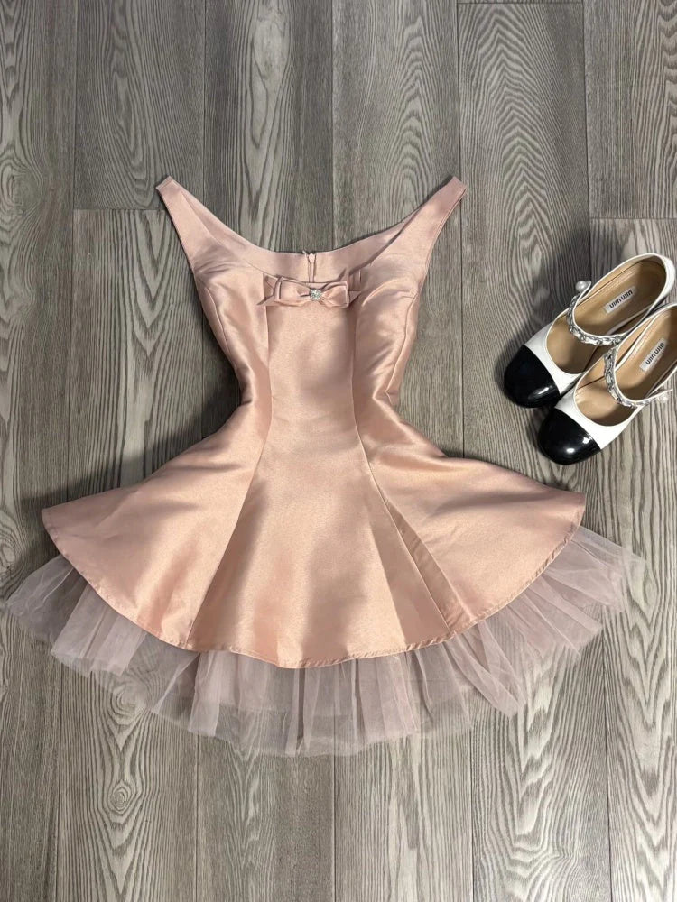 Cute A line Scoop Pink Satin Short Mini Formal 8th Grade Homecoming Dresses Middle School Short Cocktail Dress Hoco Outfits simple gentle atmospheric and unique desi Bring summer colors to enhance whiteness