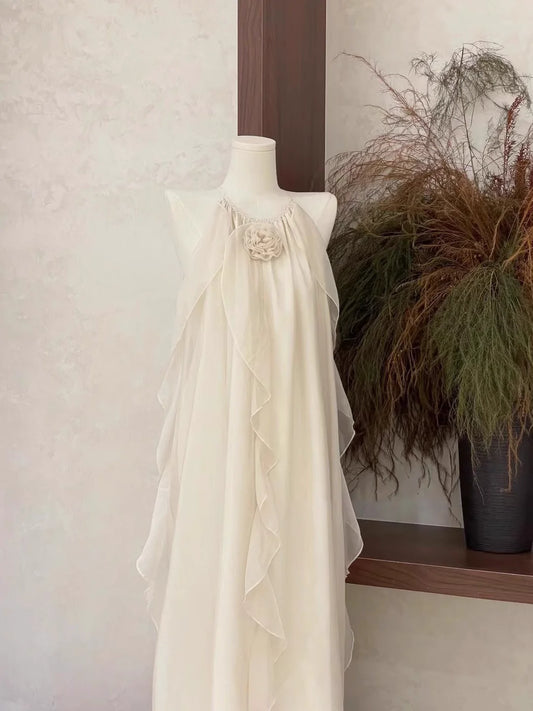 Cute A line Scoop Ruffled Ivory Long Women's Holiday Dresses  simple gentle atmospheric and unique desi Bring summer colors to enhance whiteness