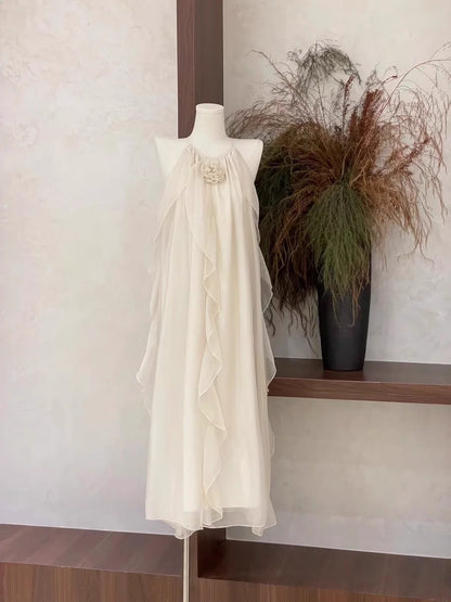 Cute A line Scoop Ruffled Ivory Long Women's Holiday Dresses  simple gentle atmospheric and unique desi Bring summer colors to enhance whiteness
