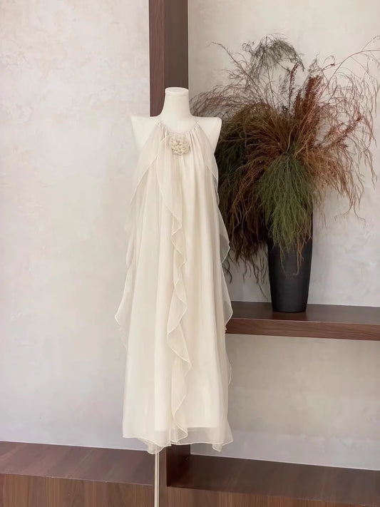 Cute A line Scoop Ruffled Ivory Long Women's Holiday Dresses  simple gentle atmospheric and unique desi Bring summer colors to enhance whiteness