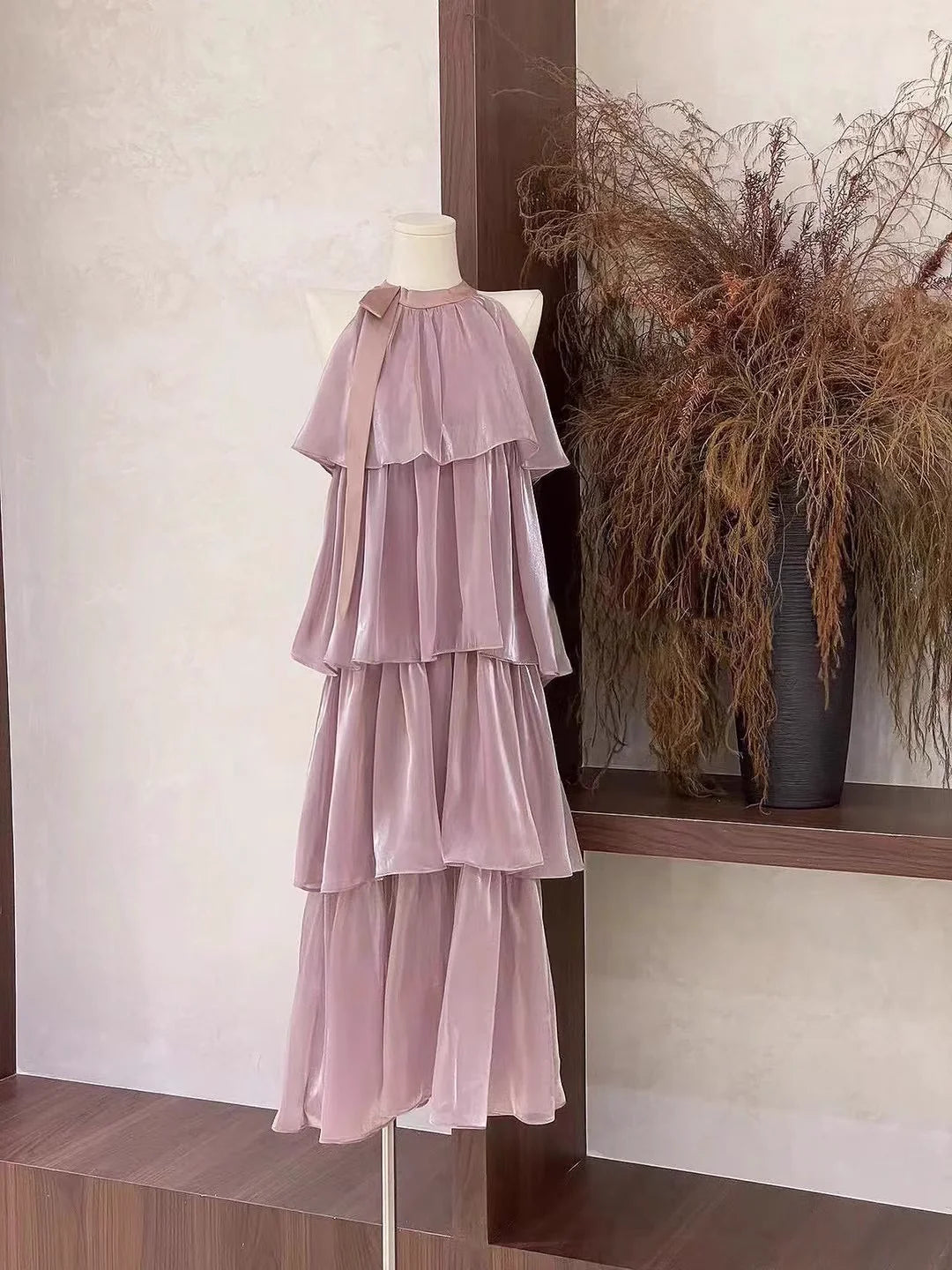 Cute A line Scoop Ruffled Rose Pink Long Women's Vacation Holiday Dresses simple gentle atmospheric and unique desi Bring summer colors to enhance whiteness