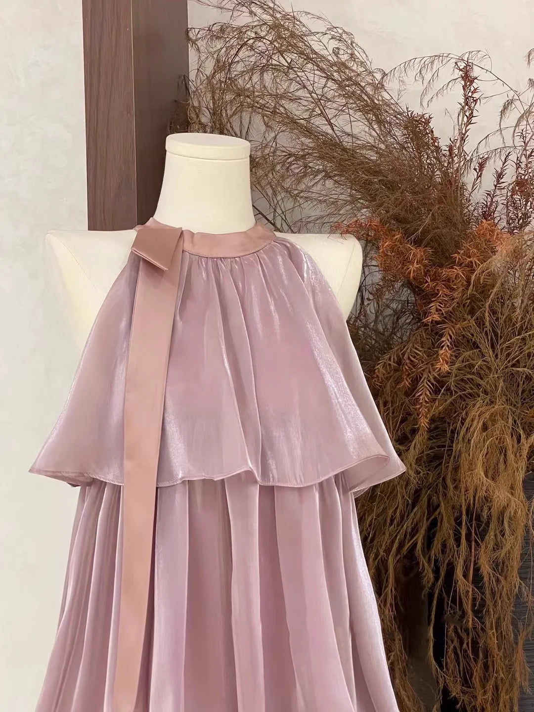 Cute A line Scoop Ruffled Rose Pink Long Women's Vacation Holiday Dresses simple gentle atmospheric and unique desi Bring summer colors to enhance whiteness