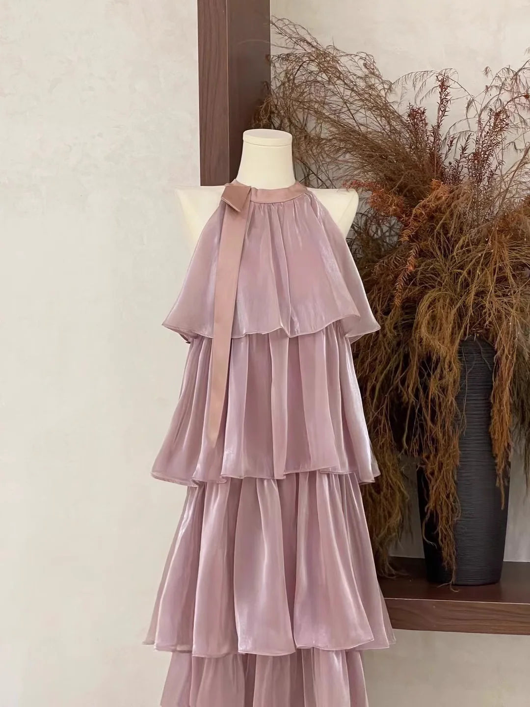 Cute A line Scoop Ruffled Rose Pink Long Women's Vacation Holiday Dresses simple gentle atmospheric and unique desi Bring summer colors to enhance whiteness