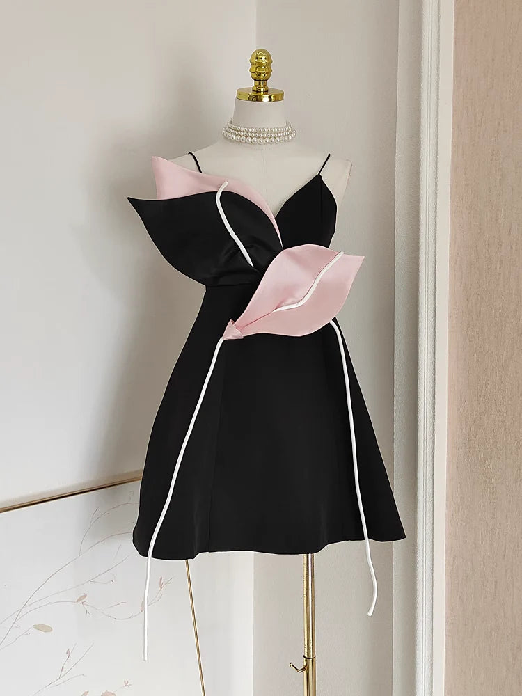 Cute A line Spaghetti Straps Black Satin Short Homecoming Dresses Birthday Outfits simple gentle atmospheric and unique desi Bring summer colors to enhance whiteness