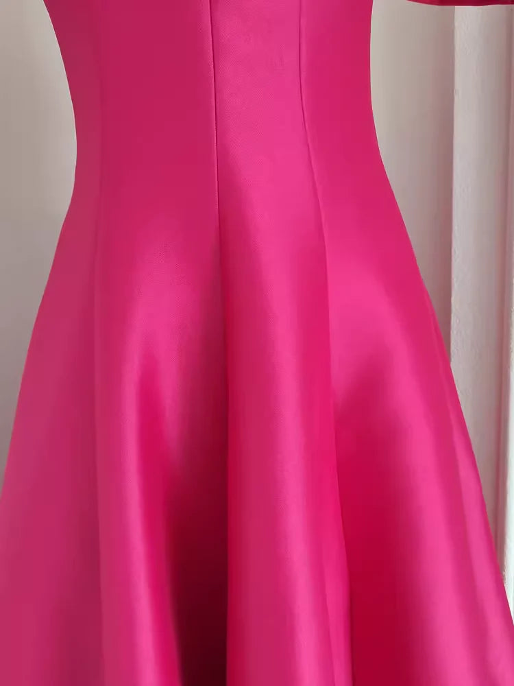 Cute A line Square Neckline Hot Pink Vacation Dress Satin Women Dresses simple gentle atmospheric and unique desi Bring summer colors to enhance whiteness