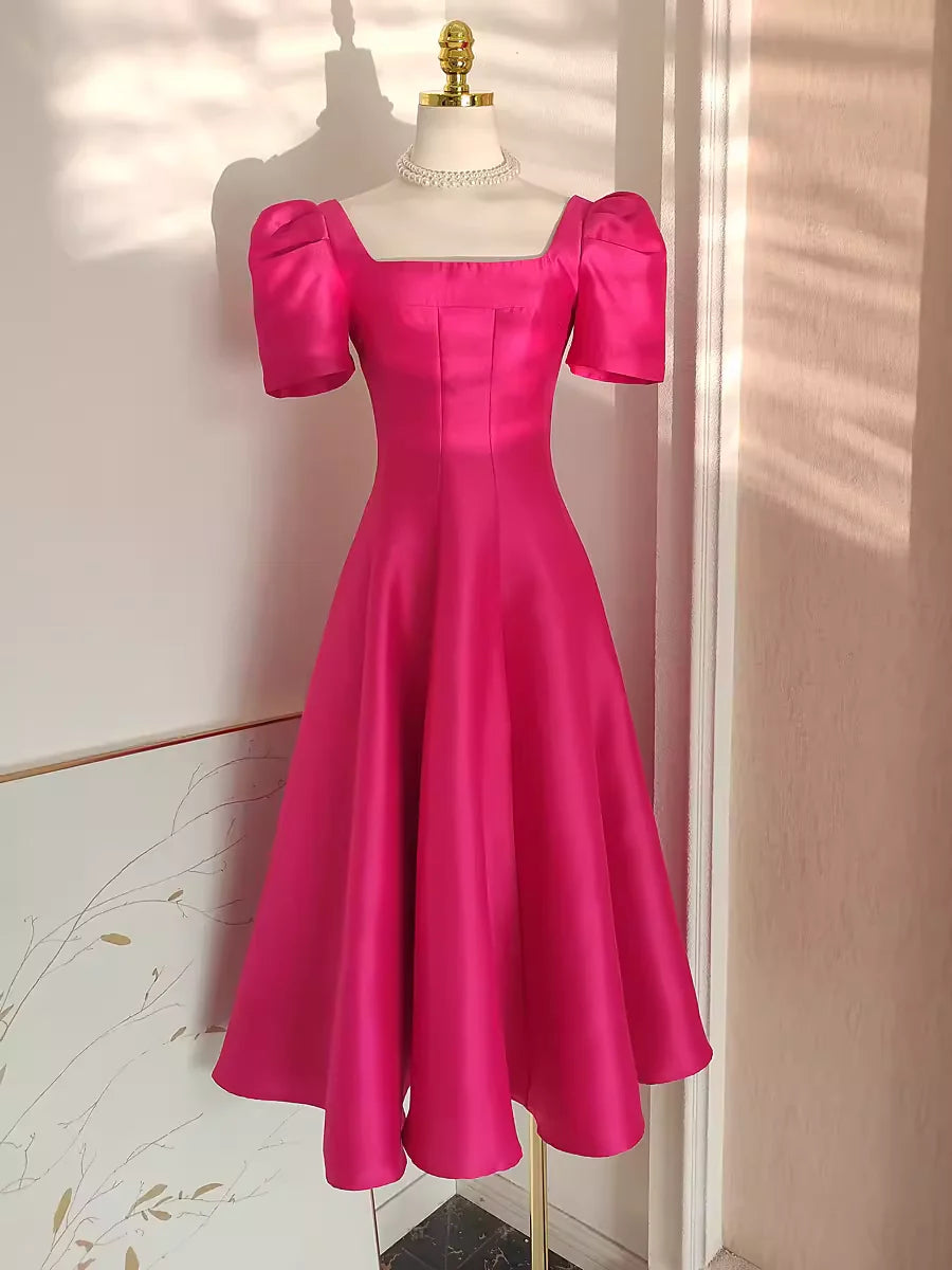 Cute A line Square Neckline Hot Pink Vacation Dress Satin Women Dresses simple gentle atmospheric and unique desi Bring summer colors to enhance whiteness