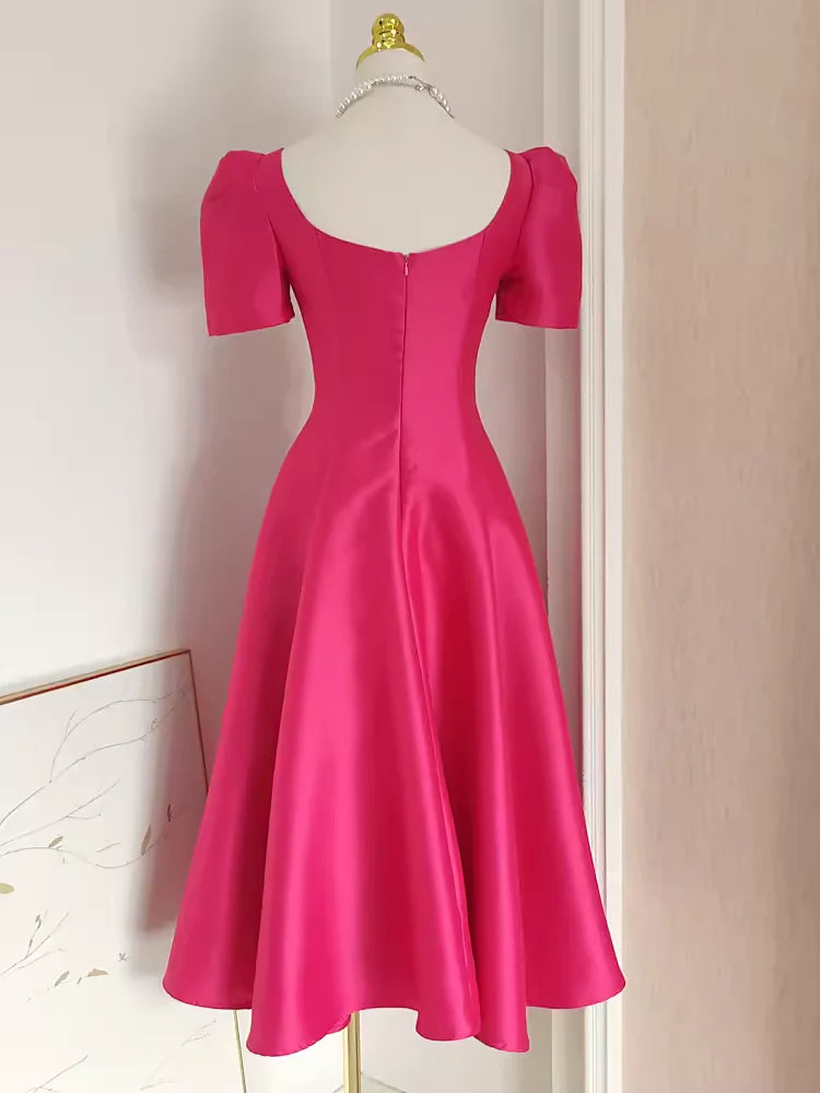 Cute A line Square Neckline Hot Pink Vacation Dress Satin Women Dresses simple gentle atmospheric and unique desi Bring summer colors to enhance whiteness