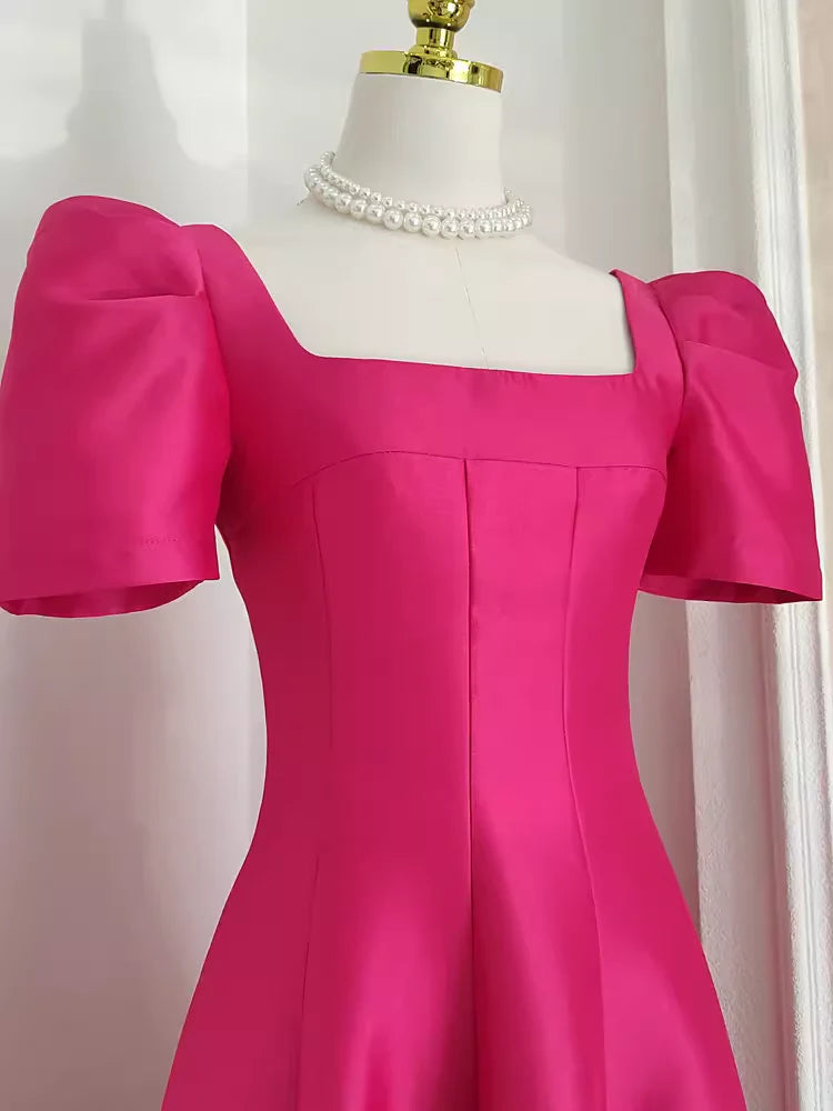 Cute A line Square Neckline Hot Pink Vacation Dress Satin Women Dresses simple gentle atmospheric and unique desi Bring summer colors to enhance whiteness