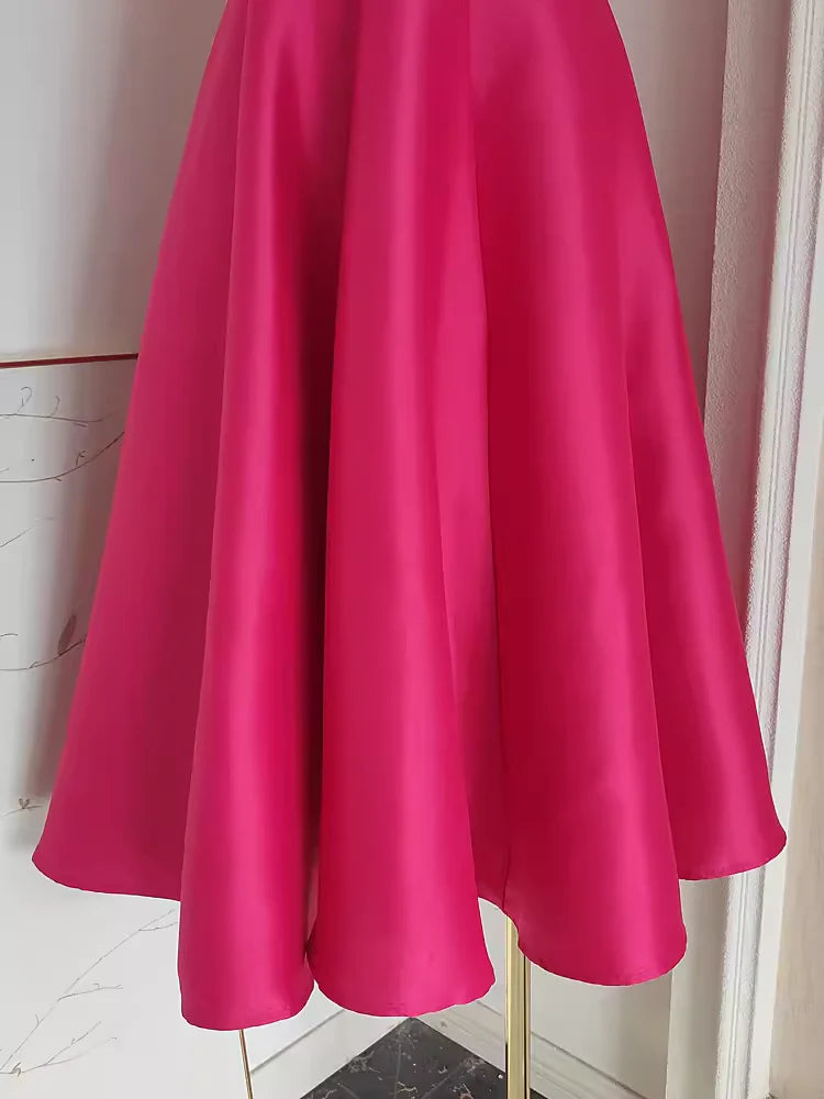Cute A line Square Neckline Hot Pink Vacation Dress Satin Women Dresses simple gentle atmospheric and unique desi Bring summer colors to enhance whiteness