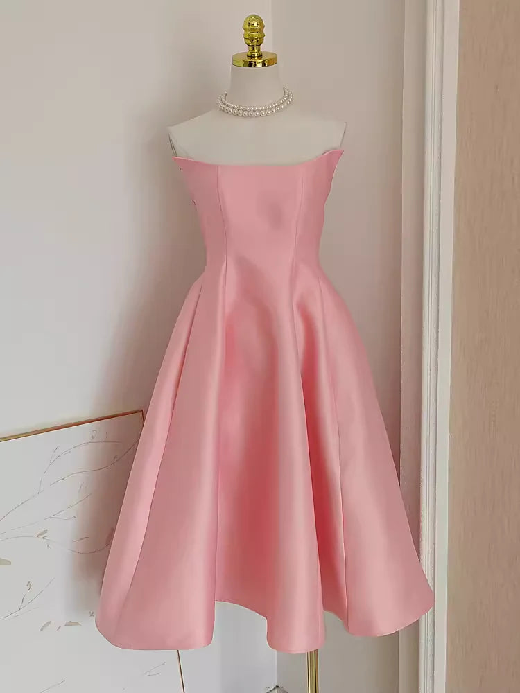 Cute A line Strapless Pink Vacation Dress Satin Women Dresses simple gentle atmospheric and unique desi Bring summer colors to enhance whiteness